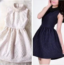 Pearl Dress 2016 Spring Summer Fashion Slim Stand Collar Lace Beading Mid Waist Sleeveless Party Dresses Female S-2XL #4006