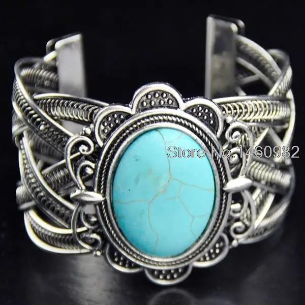 

Fashion Women's Tibetan Silver Flower Big Oval Stone Cuff Bangle Bracelet Gift YB124