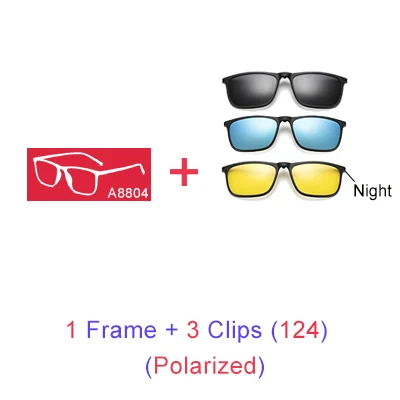 Ralferty, магнитные солнцезащитные очки, мужские, 5 в 1, поляризационные, на застежке, солнцезащитные очки, женские, квадратные, солнцезащитные очки, ультра-светильник, очки ночного видения, A8804 - Цвет линз: 1 Frame 3 Clips 124