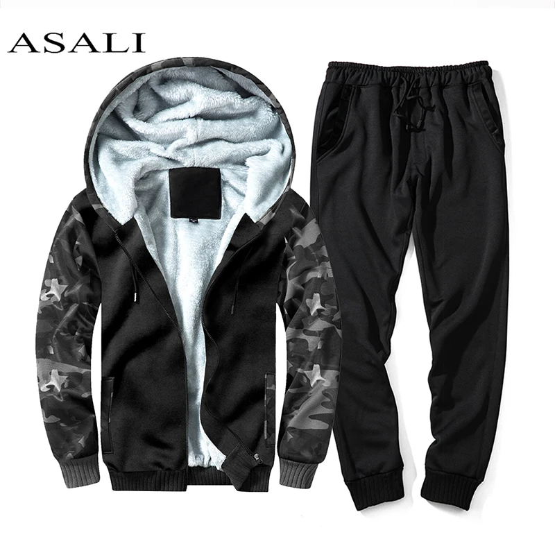 

ASALI Men Fur Inside Set 2019 Winter Warm Tracksuit Mens Thick Fleece Jackets+Pants Camouflage Suit Sporting Hoodies Sweatshirts