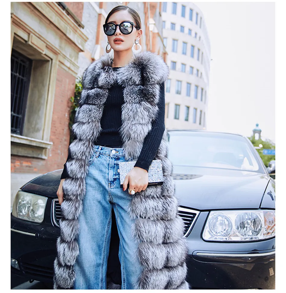 Жилет женский длинный из Меха чернобурки без рукавов 110 см|silver fox fur vest|fox vestsilver vest |