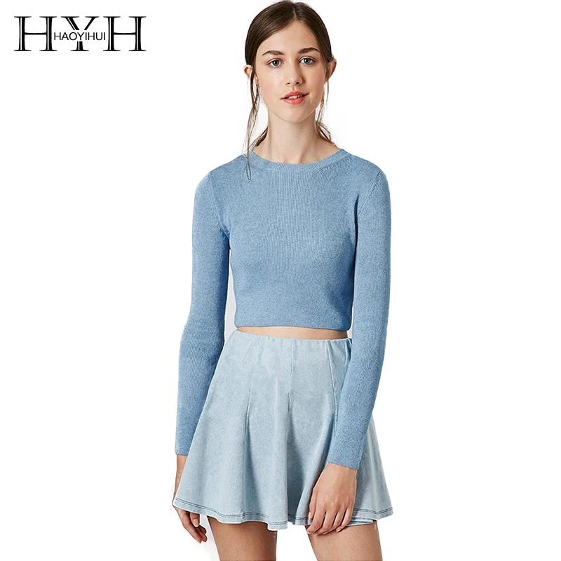 

Haoyihui Long Sleeve Ribbing Brief Pullover Slim Sweater Crew O-Neck Soft Basic Crop Top 2018 New Fashion Women Sweaters