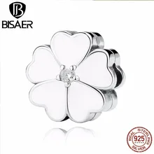 BISAER 100% 925 Hojas en forma de Corazón de Plata Esterlina Blanco Primavera Clip Charm Fit Pandora Pulsera y Brazalete de la Joyería de DIY AS288