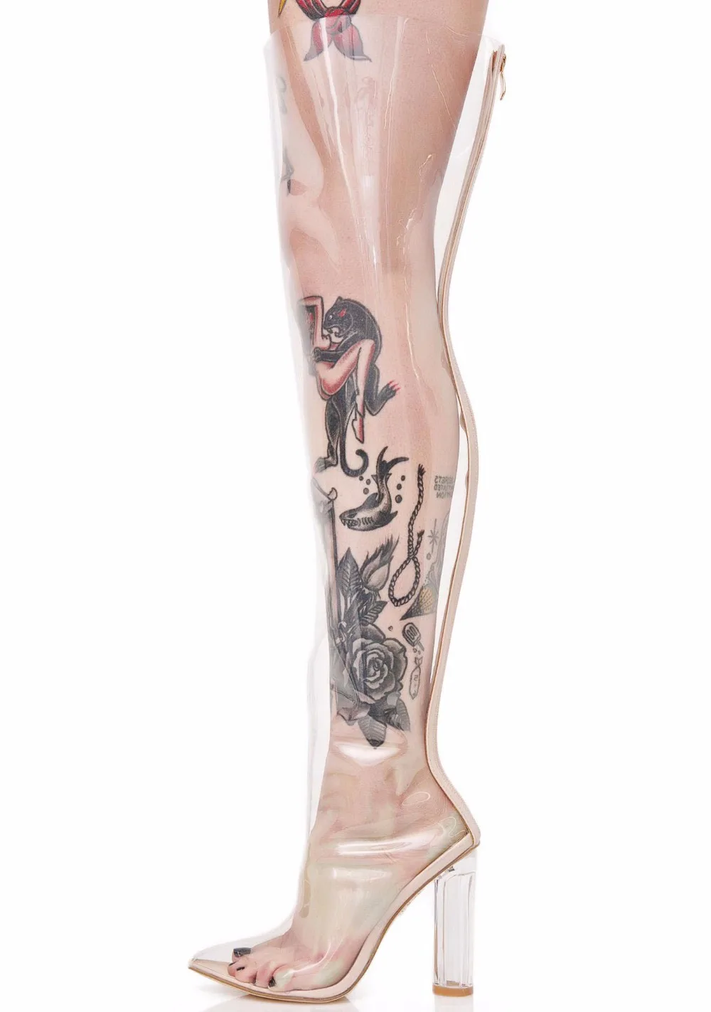 

Sexy PVC Transparent Clear Over-the-knee Boots Pointed Toe Block Heel Tight-High Boot Woman Gladiator Sandals Boots Size 10