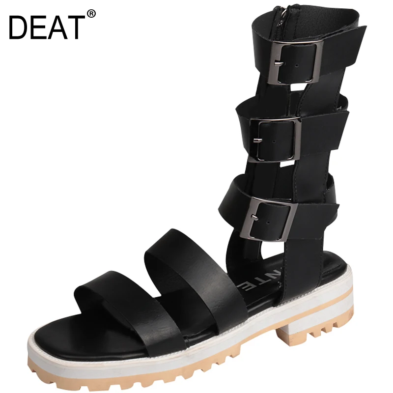 

[DEAT] 2019 New Spring Summer Round Toe Shallow Pu Leather Zipper Belt Buckle Hollow Out Flat Sandals Women Fashion Tide 10A685
