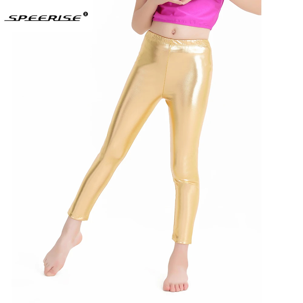 SPEERISE Children Ankle-length Pants Gold Girls Shiny Metallic Lycra Spandex Dance Ballet Silver Leggings Free Shipping