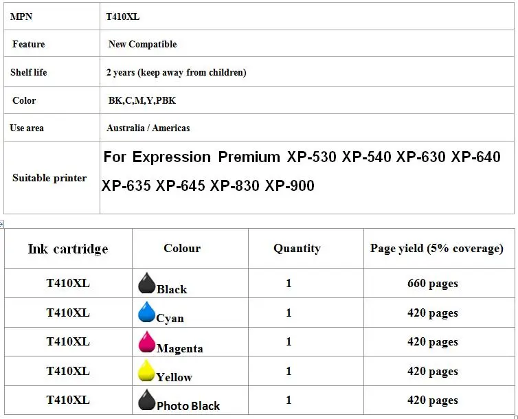 1 комплект T410 410XL T410XL совместимые чернильные картриджи для EPSON XP530 XP540 XP630 XP635 XP640 XP645 XP830 XP900 принтер