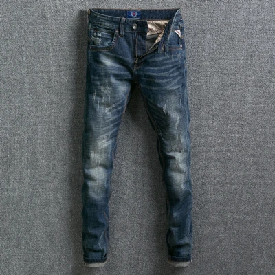 Модные Классические мужские джинсы, облегающие, темно-синие, Винтажный дизайн, джинсовые длинные штаны, рваные джинсы, homme, уличная одежда, джинсы в стиле хип-хоп - Цвет: Синий