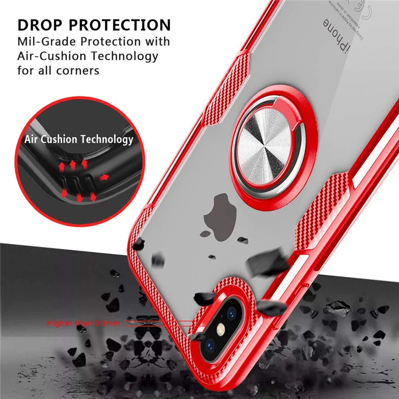 Transparent Crystal Carbon Fiber Armor Cover For iphone x xs max xr 6 7 8 6s Plus 360 Finger Ring Clip Magnetic Car Holder Case