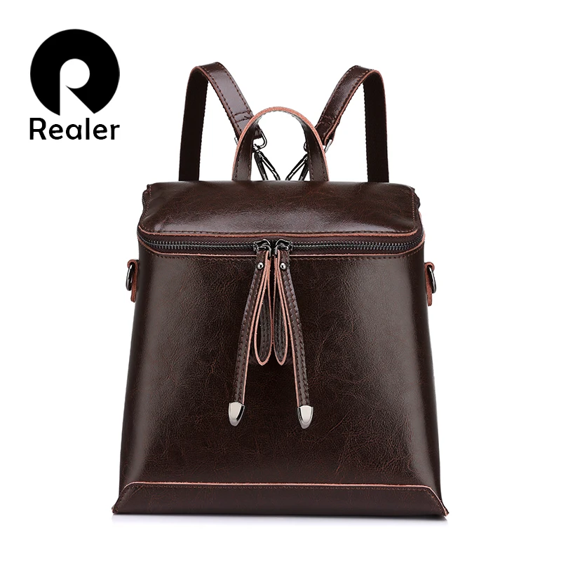

REALER brand women backpack vintage oil wax cow split leather backpack female school bags for teenagers girls shoulder bag
