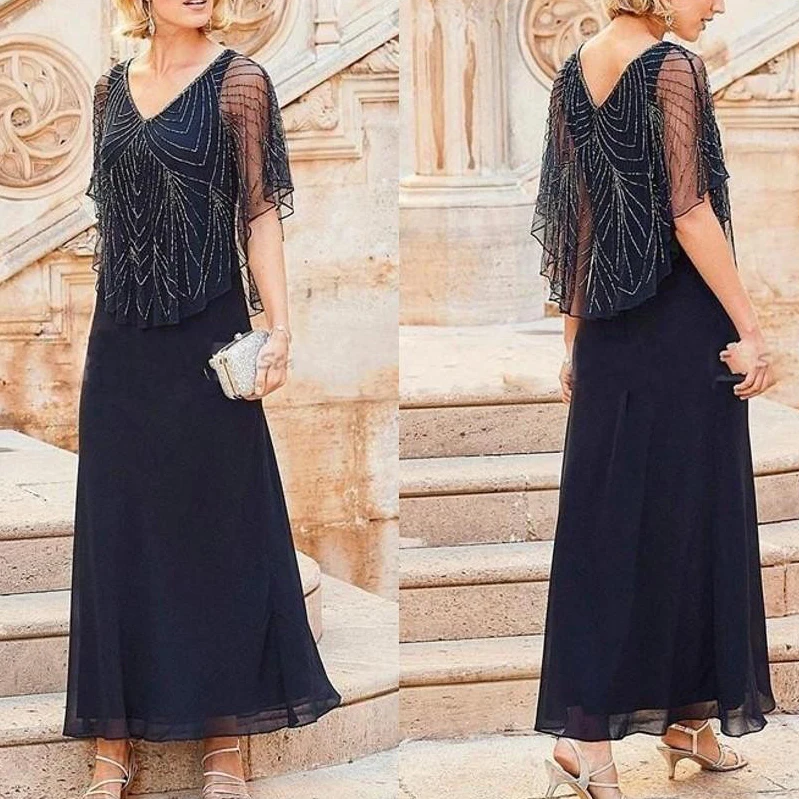 

2019 Chiffon Sequin Elegant Dark Navy V Neck Mother Of The Bride Dress A-Line Robe Mere De La Mariee