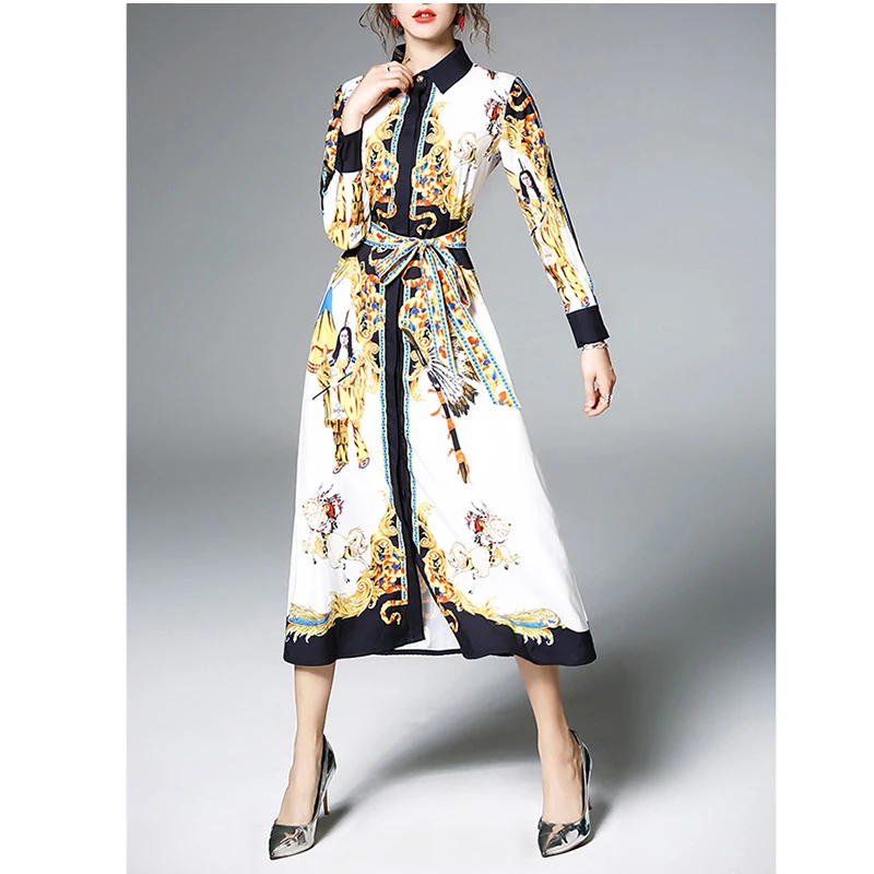 

PERHAPS U Women Retro Palace Print Turn Dwon Collar Long Sleeve Button Long Midi A-line Dress D1853