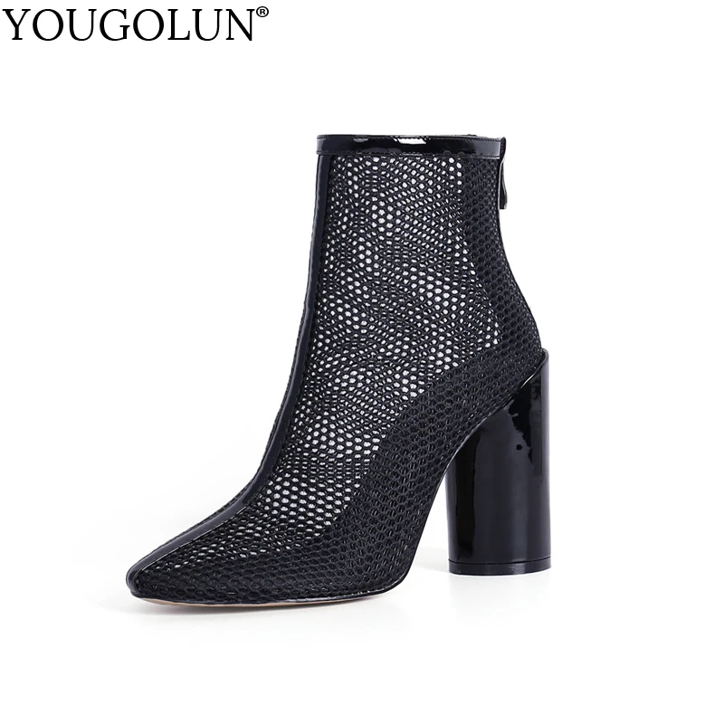 

YOUGOLUN Summer Mesh Boots Women Sexy High Thick Heel 10.5 cm Elegant Ladies Hollow Black White Round toe Party Shoes #A-112
