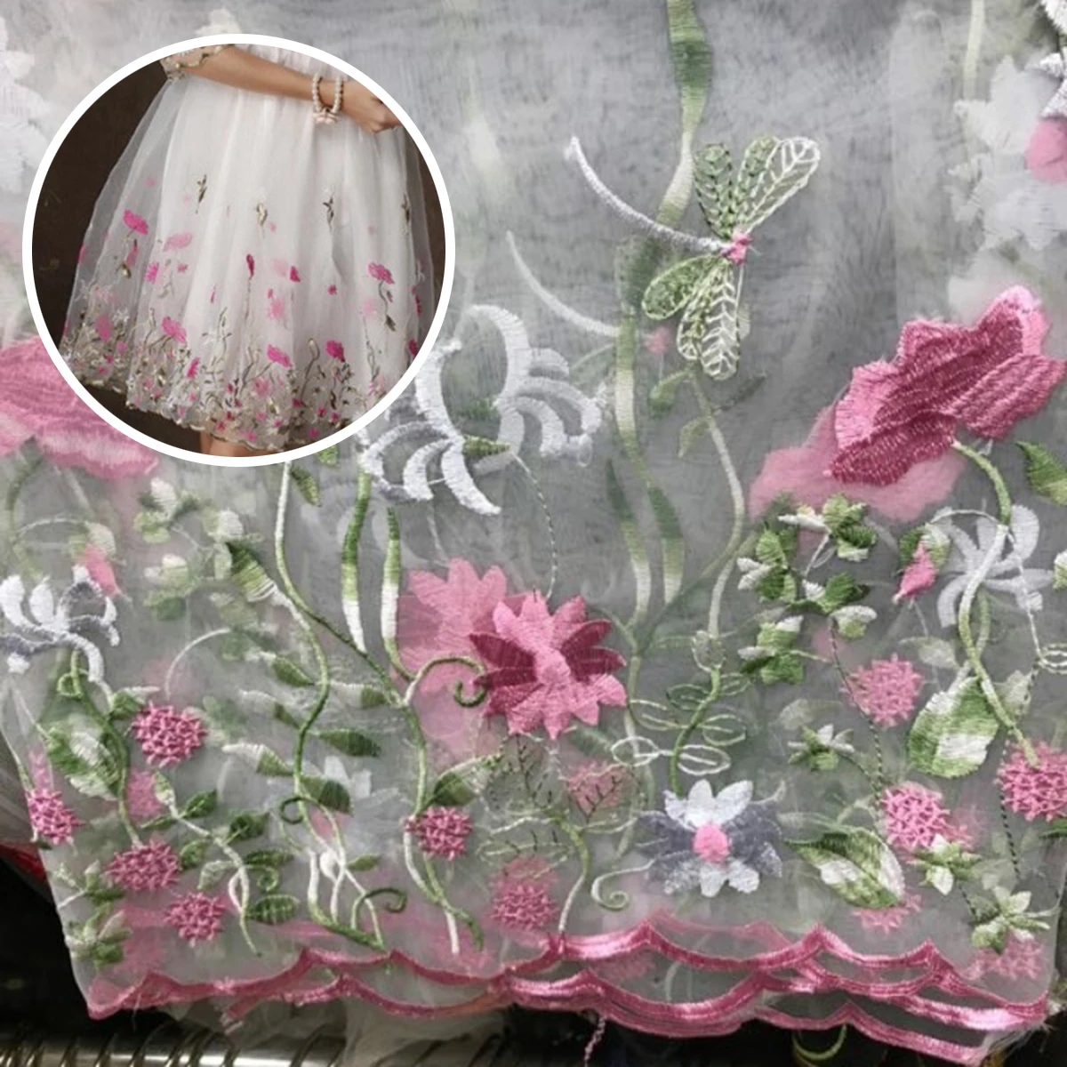 1pc Stylish Flowers Lace Chiffon Organza Fabric Tulle Elegant Bilateral Floral Embroidery DIY Skirt Dress Material 50*130cm