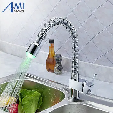 Kitchen RGB LED pull out sink basin mixer tap chrome swivel brass 2 function Faucet KF026
