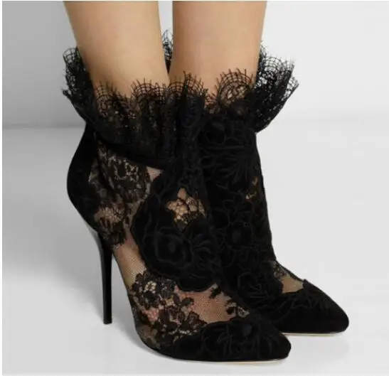 

2019 Fashion Sexy Cut-Outs Flower Embroidered Ankle Boots Lace Pointed Toe High Heel Booties Back Zipper Stiletto Heel Boots