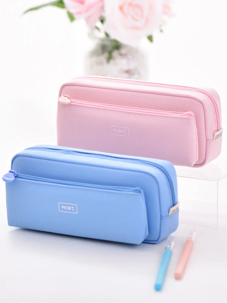 

deli 3-in-1 Pencil Bag Ins Simple Large Capacity Pure Color School Students Pencil Cases Pencilcase Pencil Case Multifunctional