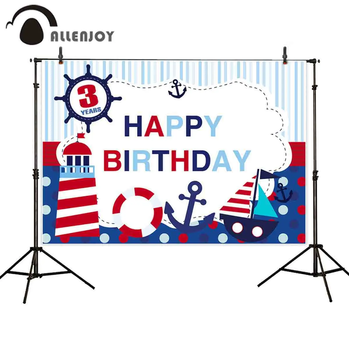 

Allenjoy birthday backdrop photocall navy lighthouse sailboat anchor boy party Custom background photography photozone fabric
