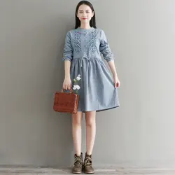 2018 осень вышивка с длинным рукавом женское платье в полоску Элегантный дизайн платье Для женщин хлопок и лен платье Для женщин
