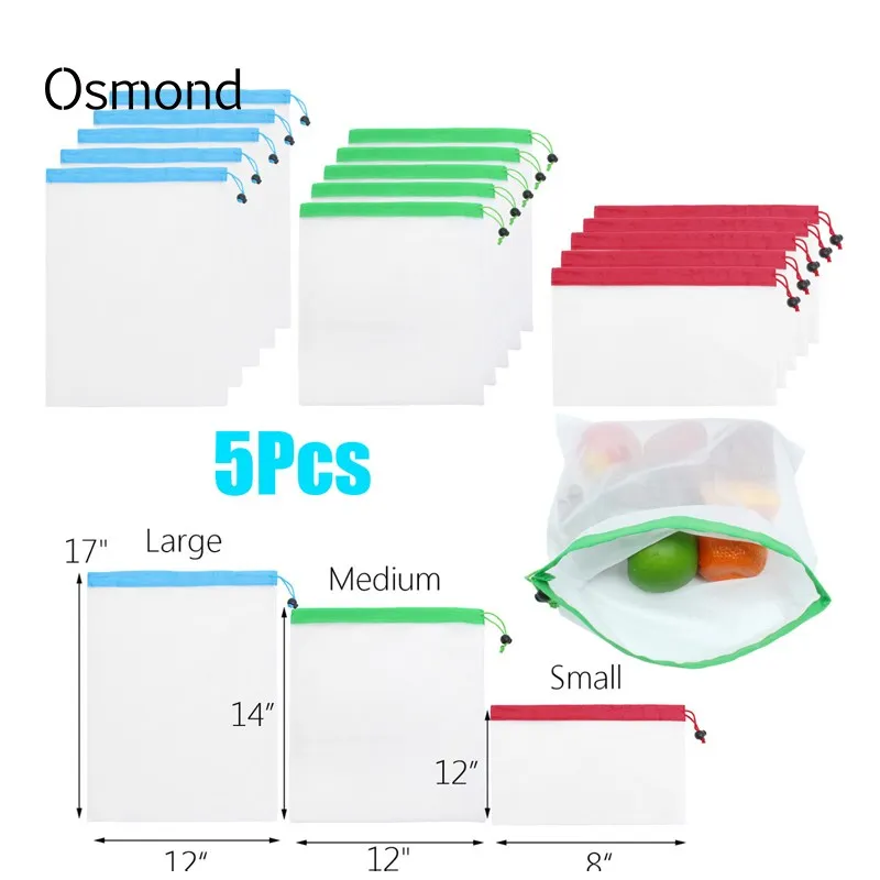 Osmond 5 Pcs set Polyester Shopping Bags Eco-friendly Reusable Shopper Bag Recycle Shopping Bags String Storage Grocery Bag Food