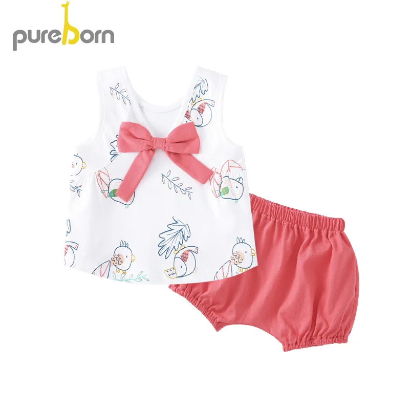 Pureborn/жилет для маленьких девочек+ шорты; комплект из 2 предметов; повседневный комплект одежды без рукавов с цветочным принтом и бантом; Детская летняя одежда для девочек; костюмы - Цвет: Pink suit