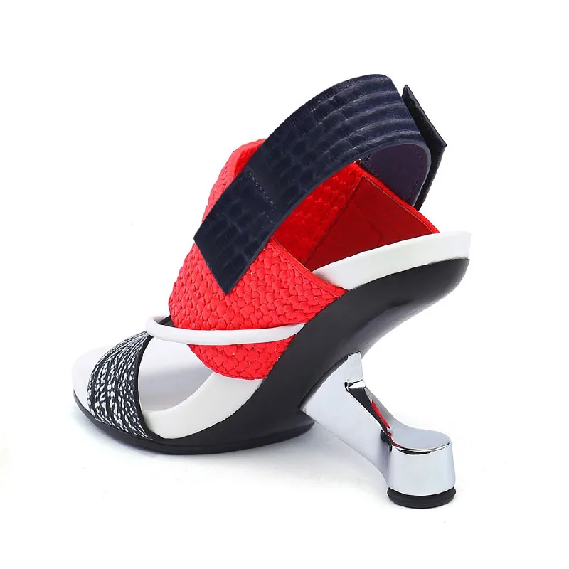 A-BUYBEA женские босоножки на высоком каблуке Разноцветные Летние женские босоножки из натуральной кожи с открытым носком на необычном каблуке 9 см цвет черный, красный