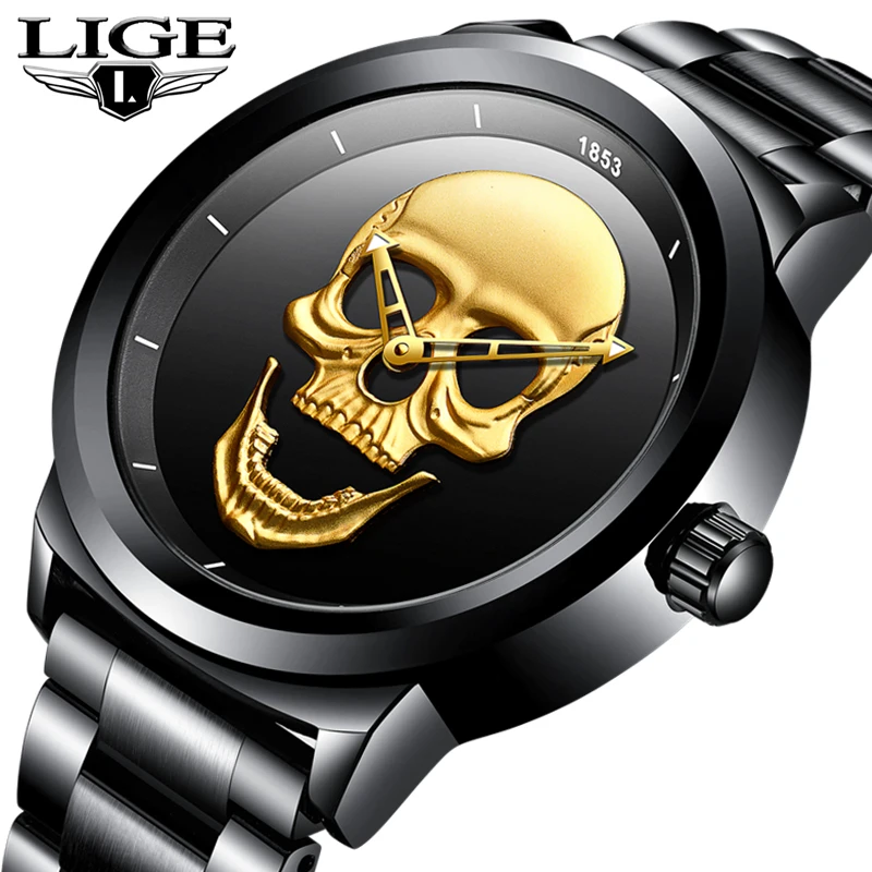 

LIGE Mens Watches Top Brand Luxury Waterproof Business Quartz Watch Men Fashion Skull Full Steel Sport Watch Relogio Masculino