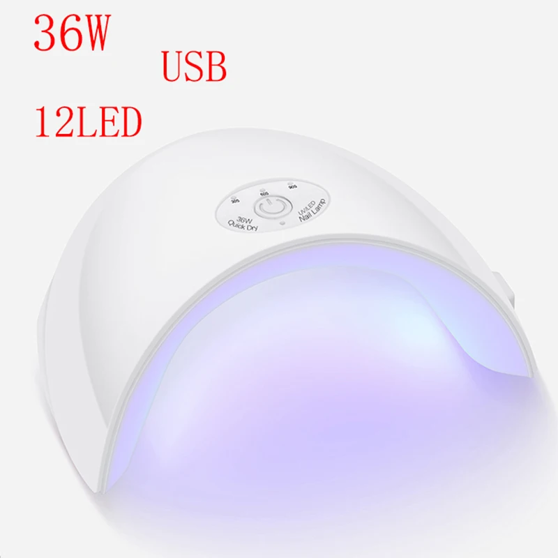 

36W UV LED Nail Lamp 12 LEDs Nail dryer for All Gels Polish Manicure with 60s/120s button Perfect Thumb Solution USB Charging