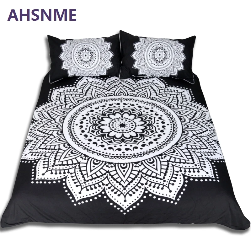 Ahsnme 3pcs Minimalist Bohemian White Lotus Black Duvet Cover