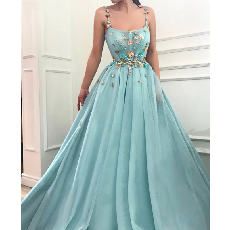 

Robe Soiree Dubai Muslim Evening Dresses Long Illusion Sleeveless Flowers Tulle Formal Dress for Wedding Party