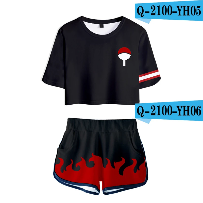 

Naruto Crop Top Set Cropped Tumblr Femme Tops And Pants Printed Feminino Renda Cotton Manga Longa Anime Clothes 3D Clothing