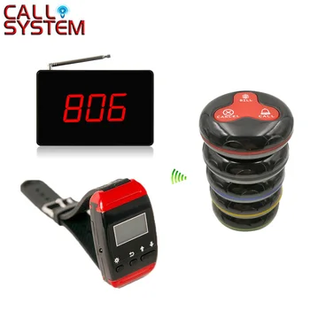 

Wireless Calling Table Buzzer System Used In Restaurant Service For Customer 433.92MHZ Pagers( 1 display+1 watch+6 call button )
