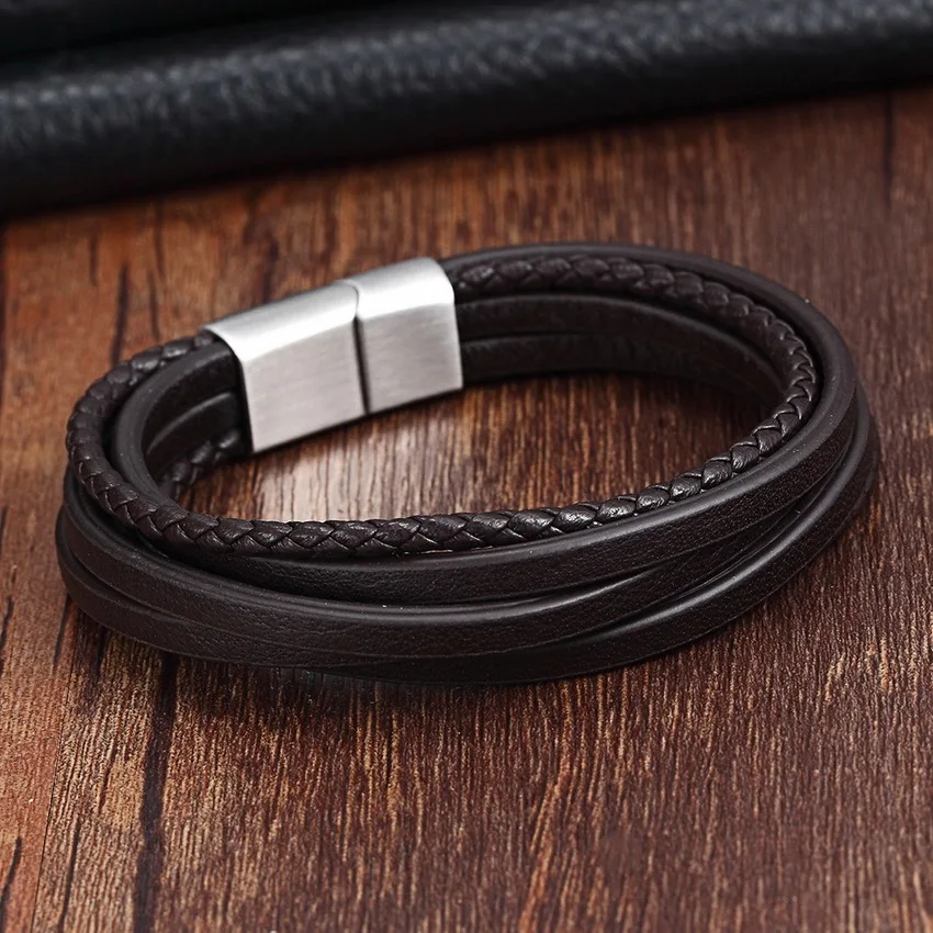 XQNI 2017 Corrente de Aço Inoxidável Moda Pulseira em Couro Genuíno Dos Homens Do Vintage Masculino Trança Jóias para as mulheres