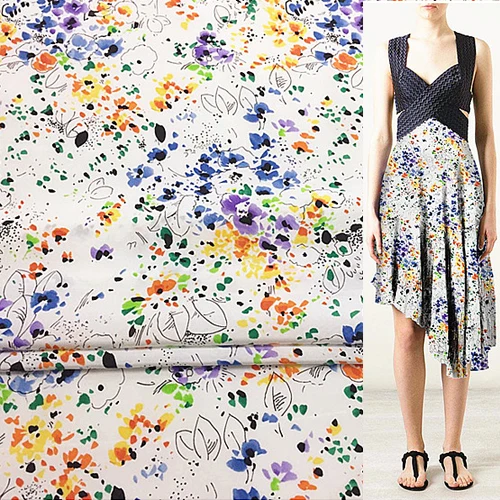 

Colorful spots and leaves print 100% pure silk Crepe DE chine fabric,SCDC694