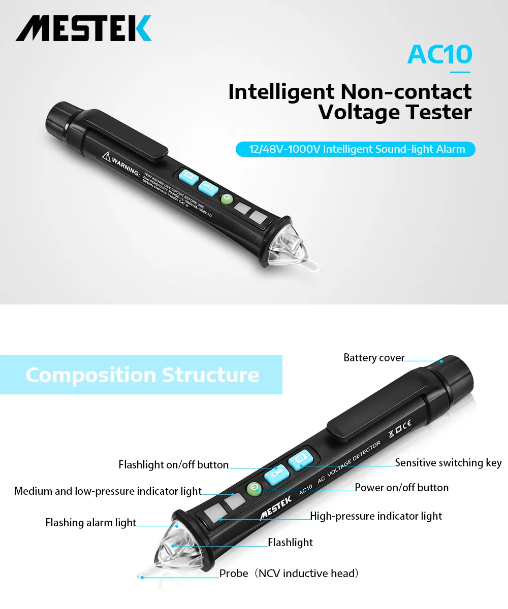 MESTEK AC10 Интеллектуальный бесконтактный Тестер Напряжения электроскоп детектор индикатор