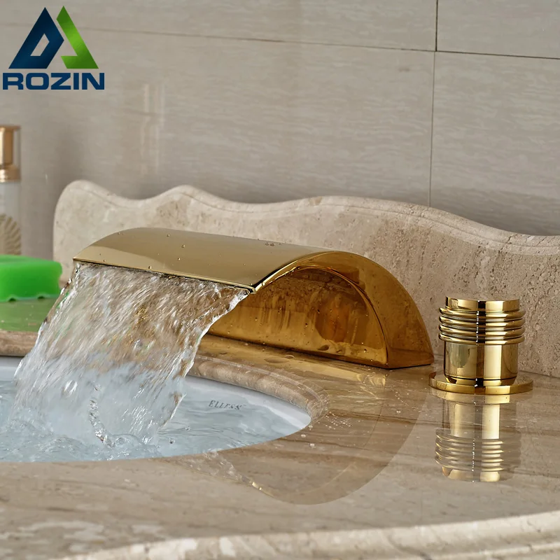Dual Handles Brass Bathroom Golden Basin Sink Mixer Tap Faucet Deck Mount Two Handles