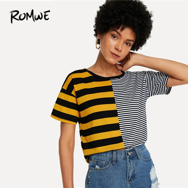 

ROMWE Cut And Sew Striped Tee 2019 Short Sleeve Round Neck Colorblock Tees Glamorous Women Summer Korean Clothes T Shirt