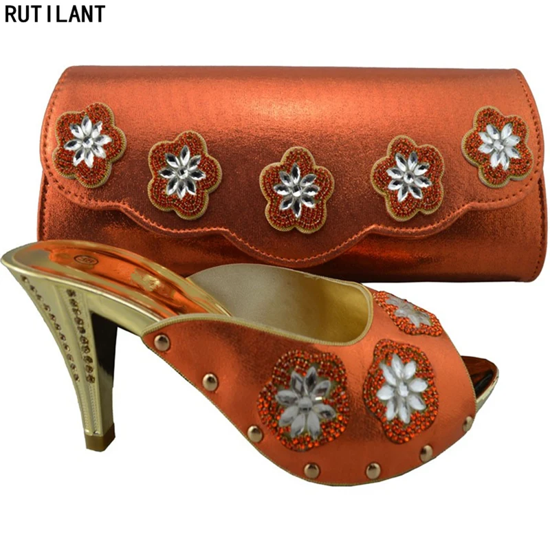 

2018 Italian Matching Shoes and Bag Set Orange Color Italian Ladies Shoe and Bag Set Decorated with Rhinestone Nigerian Shoe Bag