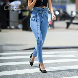 Ordifree осень 2019 г. высокая талия для женщин джинсы для поясом повседневные штаны уличная женские облегающие джинсы джинсовые штаны