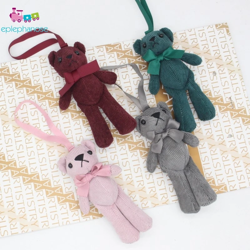 Corduroy Striped Bear Animal Stuffed Plush Toys Brown Bowknot Small Doll Car Bag Pendant Bouquet Wedding Decor Gift KeyChain