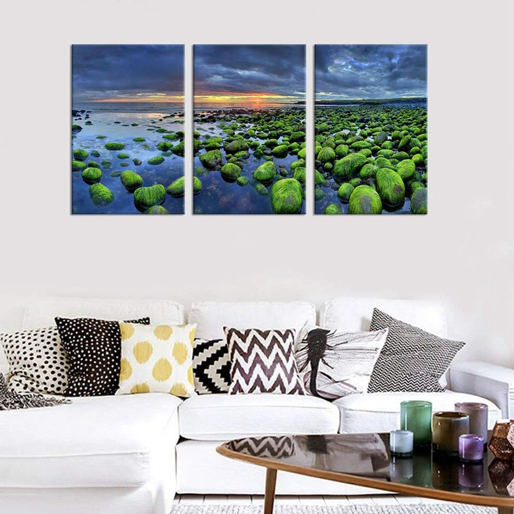 Wall Art Green Mossy Rocks Beach Sunset Scenery Iceland Sea Nature Picture Canvas Painting Print for Home Office Wall Decor Gift