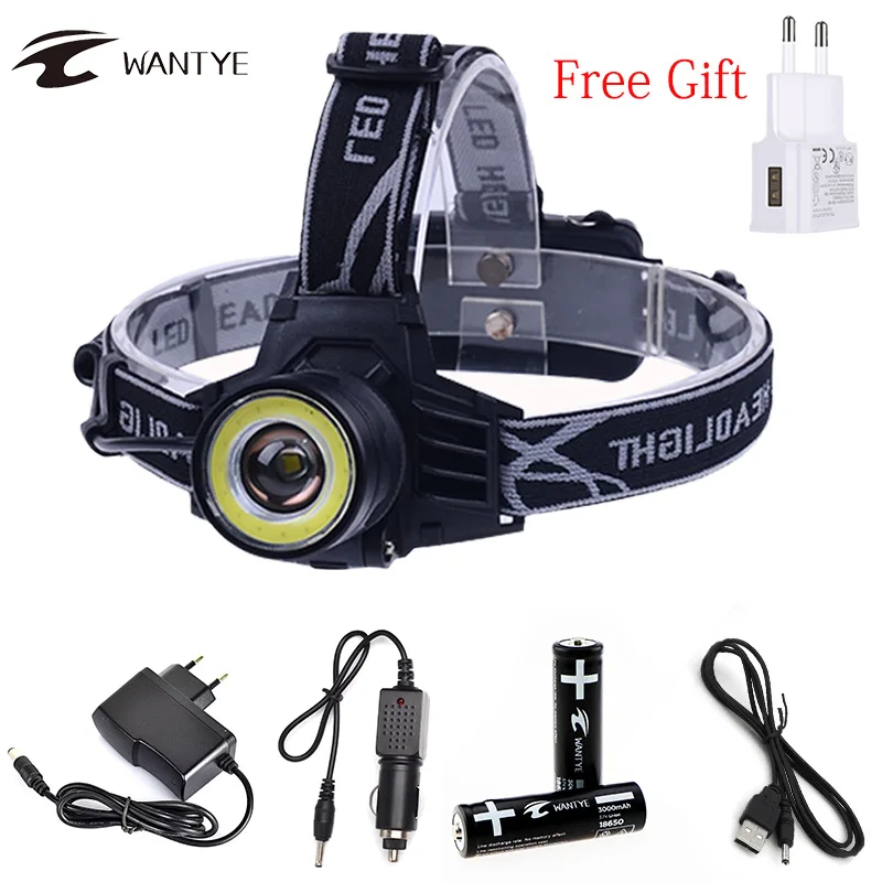

T6+COB Headlight 10000LM Zoomable LED Head torch Lights 4 Mode Rechargerable Headlamp Head Flashlight Lamp For Fishing Lantern