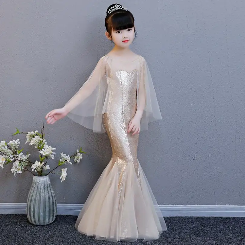

Gold Wedding Girl Dress Modis Princess Dresses Birthday Sexy Mermaid Gown Slim T-Taiwan Show costume Kids Clothes Vestidos Y483