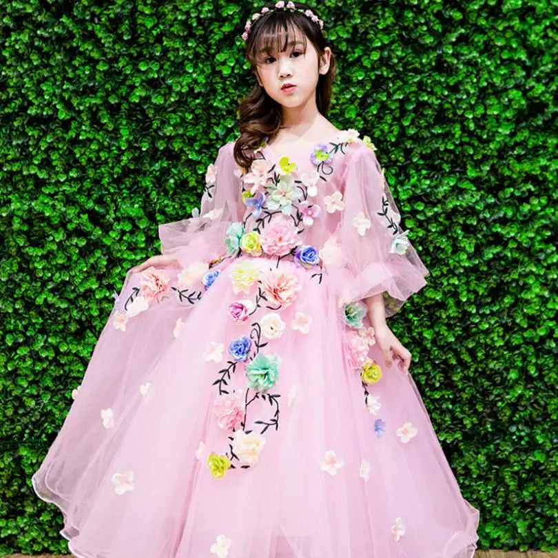 

Childrens Princess Stereoscopic Flower Girl Evening Party Dress Kids Pageant Costume Appliques Dress Modis vestidos Y1694