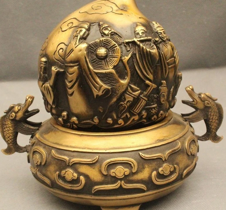 

7"Chinese Folk Feng Shui Bronze Lucky Eight Immortals Dragon peach Statue