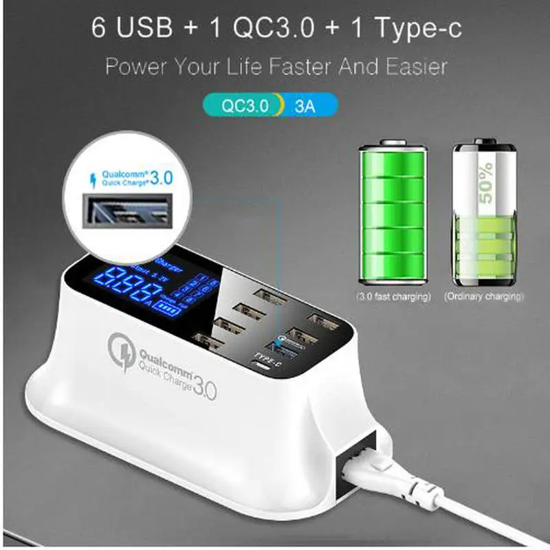 Quick Charge 3.0 Smart USB Type C Charger Station Led Display Fast ChargingPhone Tablet USB Charger for Samsung Iphone Adapter Quick Charge 3.0 Smart USB Type C Charger Station Led Display Fast ChargingPhone Tablet USB Charger for Samsung Iphone Adapter