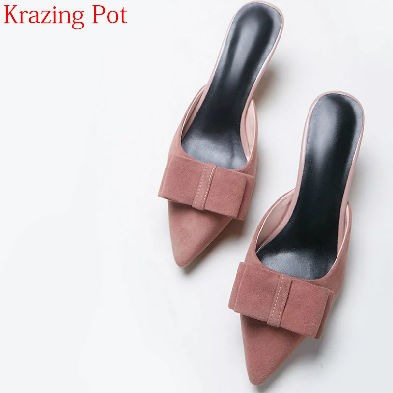 

New Arrival Kid Suede Pointed Toe Bowtie Med Heel Sweet Mules Party Summer Princess Style Stiletto Slingbacks Women Pumps L36