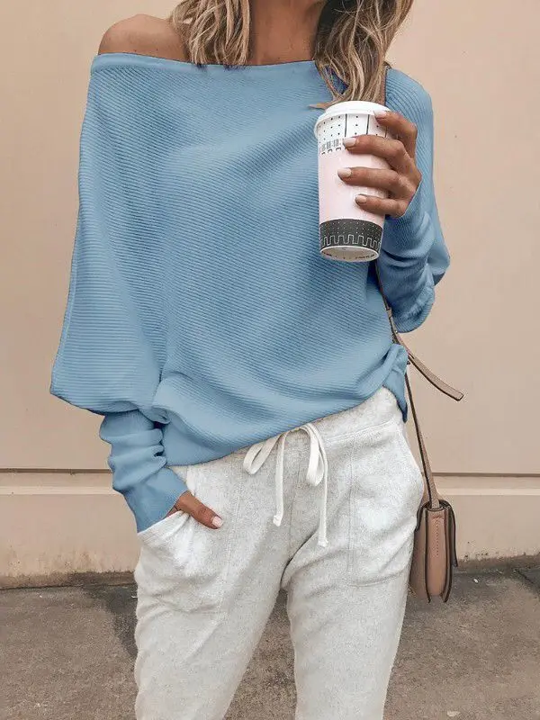 Winter Sweater Women Knitted Pullover Slash Neck Sweater Casual Bat Long Sleeve Autumn Clothes Fashion Sheath Sexy Soft Pullover