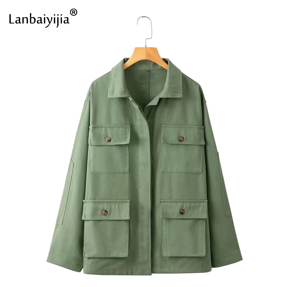 

Lanbaiyijia Newest Loose Women Coats Turn-down Collar Long Sleeve 4 Pockets Button decoration Solid Autumn Outerwear Women Coat