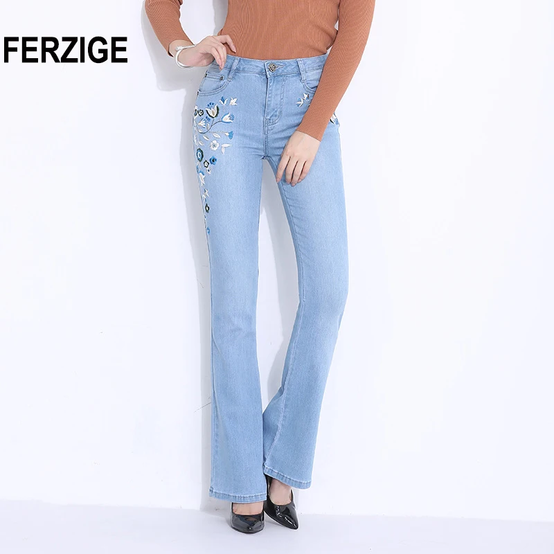 FERZIGE 2018 для женщин джинсы для вышивка вспышки брюки девочек Slim Fit светло голубой стрейч Длинные Trousrs повседневное Push Up пикантная Женская